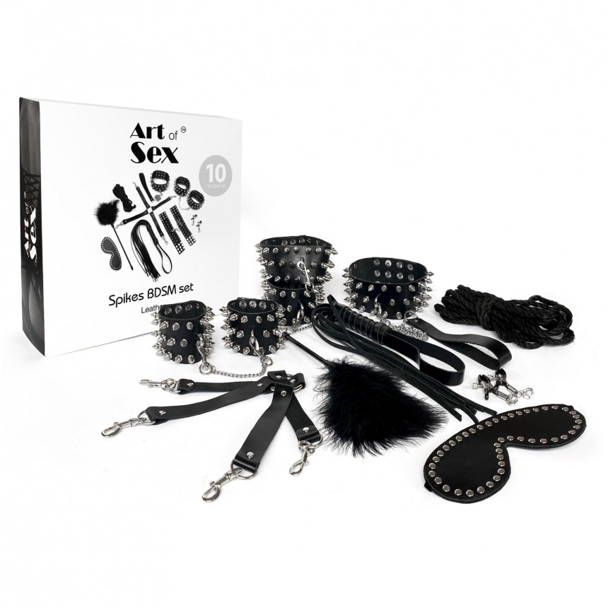 Art of Sex - Spikes BDSM Set Leather - Набор BDSM из 10 предметов, натуральная кожа