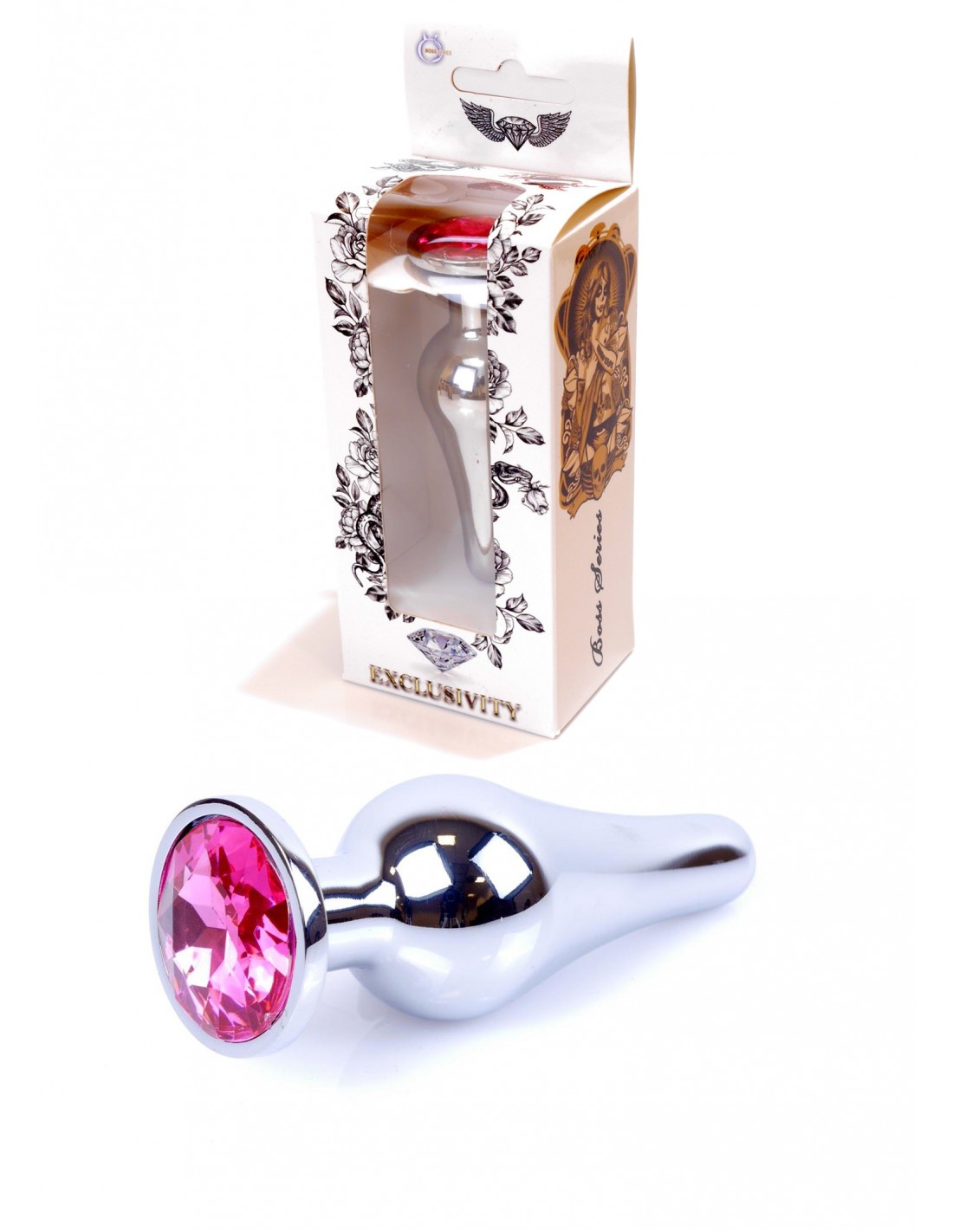 Boss Jewellery Silver Butt Plug Pink - Анальная пробка с кристаллом, 9,3х3 см (розовый)