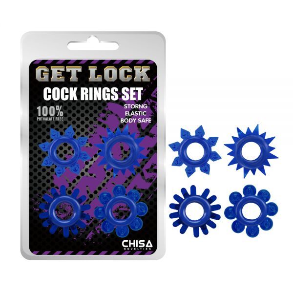 Get Lock Cock Rings Set Blue - Набор эрекционных колец 4 шт, 3 см (синий)