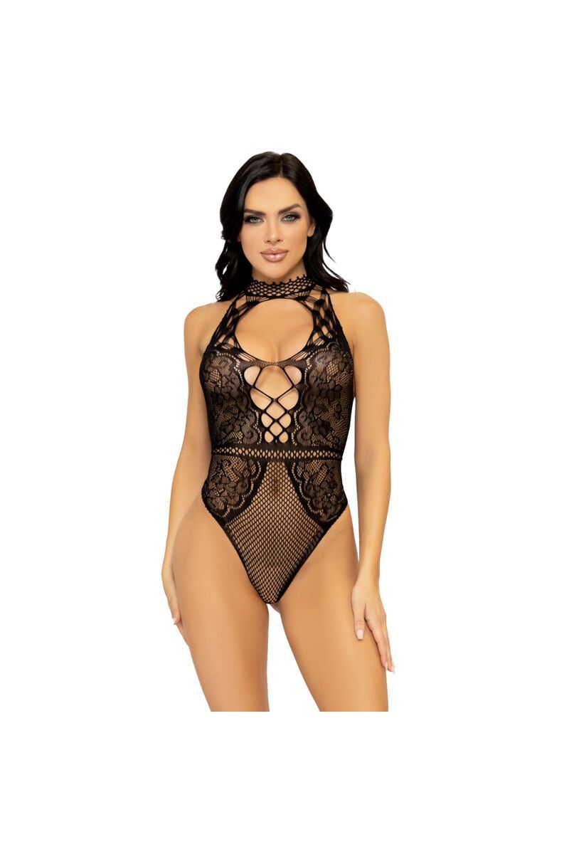 Leg Avenue Net and lace halter bodysuit - Боді, OS (чорний)