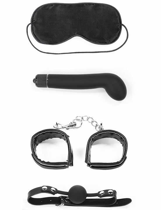 LoveToy Bondage Kit Vibrating - БДСМ набор: маска, кляп, наручники и вибратор для точки G (чёрный)