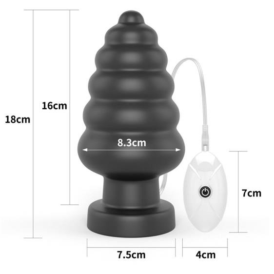 LoveToy King Sized Vibrating Anal Cracker 7 - большая ребристая анальная пробка с вибрацией, 18х8.3 см (чёрный)