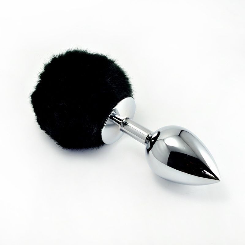 LoveToy Pompon Metal Plug Small - маленькая серебристая анальная пробка с хвостиком, 7х2.8 см (чёрный)