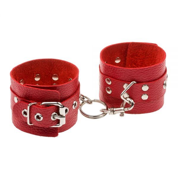 sLash Leather Rastraints Hand Cuffs - кожаные БДСМ наручники с двумя рядами заклёпок, 25 см (красный)